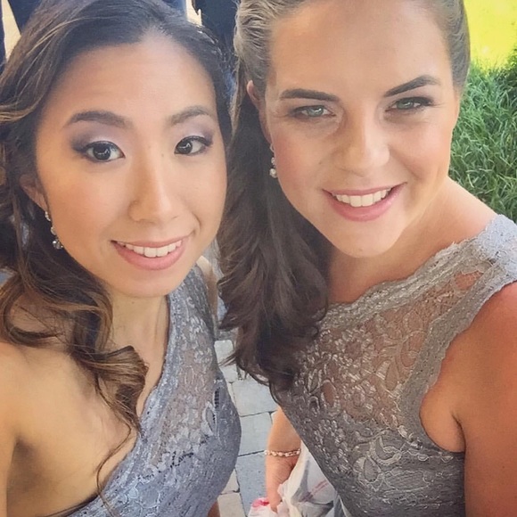 David’s Bridal Silver One Shoulder Lace Mesh Dress - Picture 3 of 5